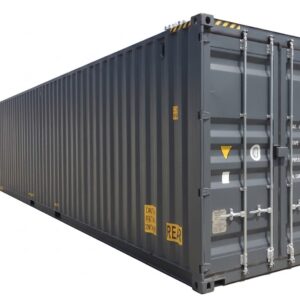 Neuer grauer 40 Fuß High-Cube Double Door Seecontainer mit geöffneten Flügeltüren an beiden Stirnseiten