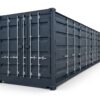 Blauer 40 Fuß High-Cube Open Side Seecontainer mit komplett geöffneten Seitentüren auf einem Betriebsgelände