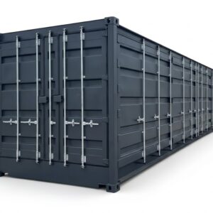 Blauer 40 Fuß High-Cube Open Side Seecontainer mit komplett geöffneten Seitentüren auf einem Betriebsgelände